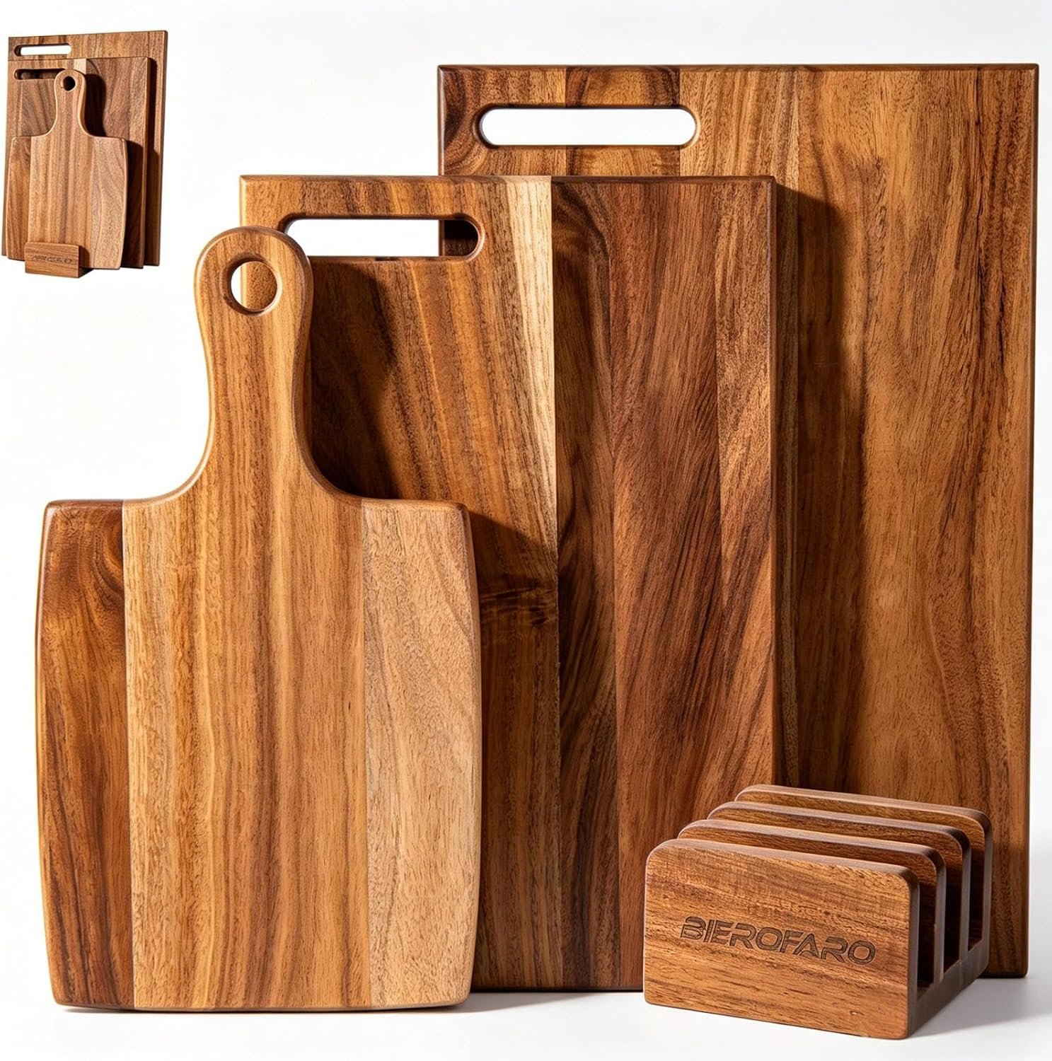Three-piece Bierofaro acacia wood cutting board set with handles and natural grain detail