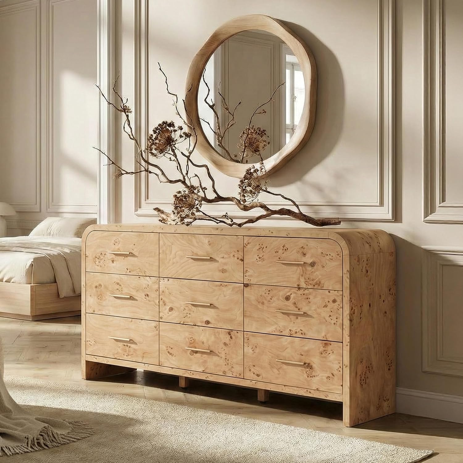 EliteSet Curved 9-Drawer Burl Wood Dresser in a cozy boho bedroom
