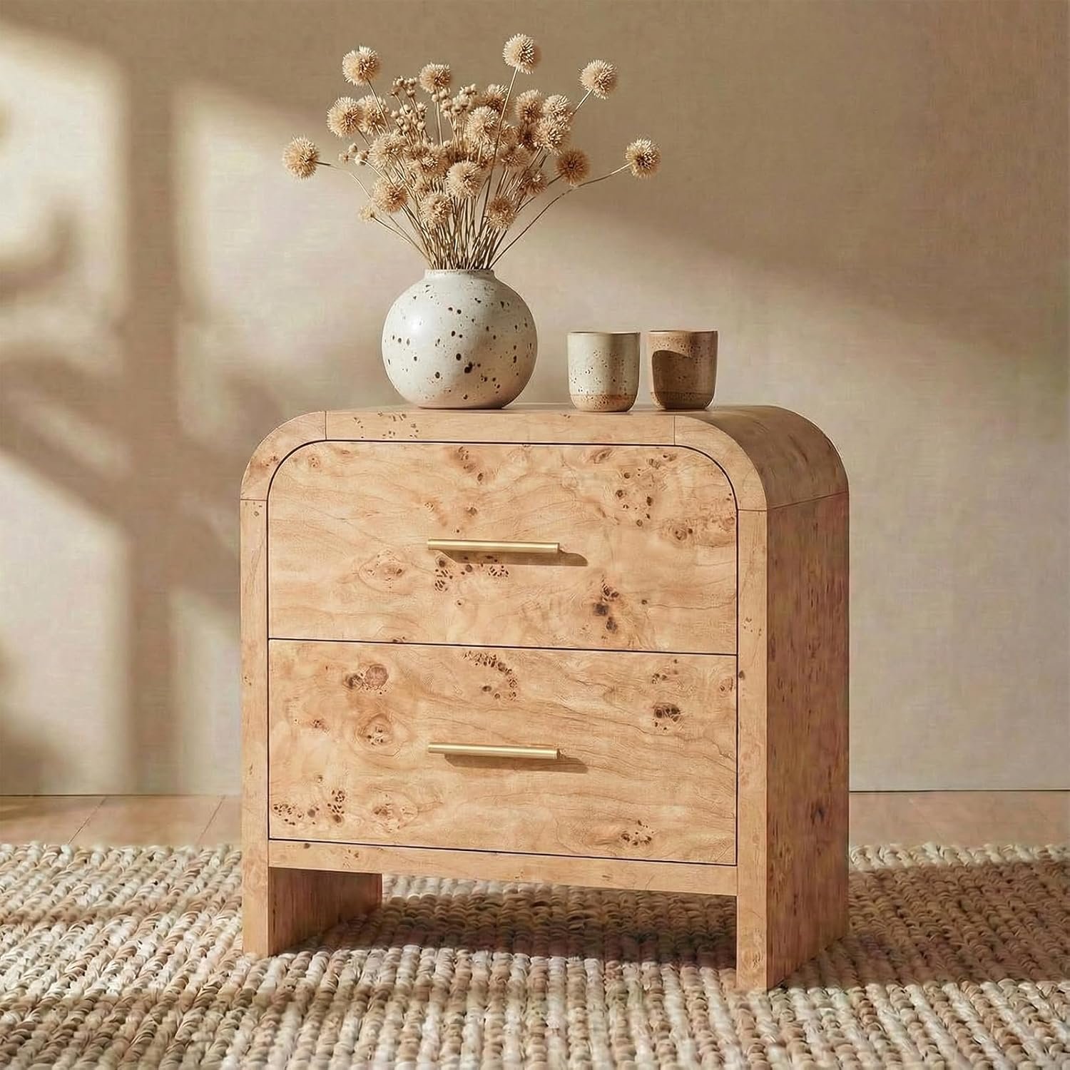 EliteSet 2-drawer burl wood nightstand with brass handles, styled with a vase of dried flowers