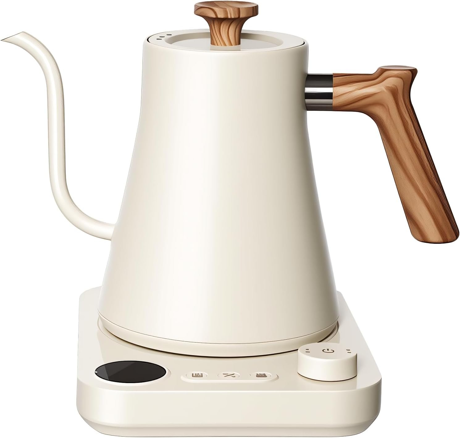 Beige pour-over gooseneck electric kettle with wood-grain handle accent