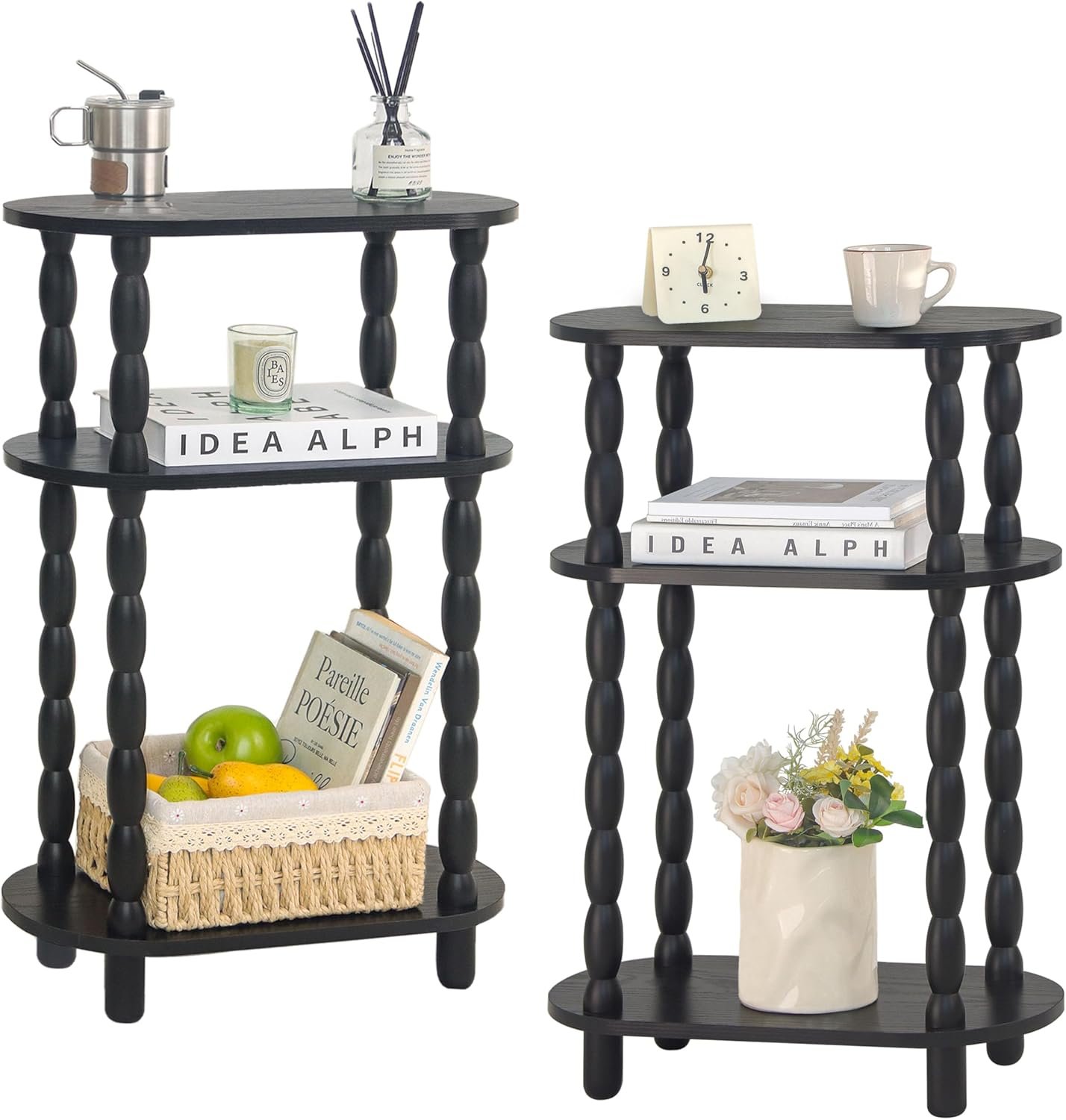 Pair of black 3-tier spindle side tables, narrow profile, styled with books and small décor