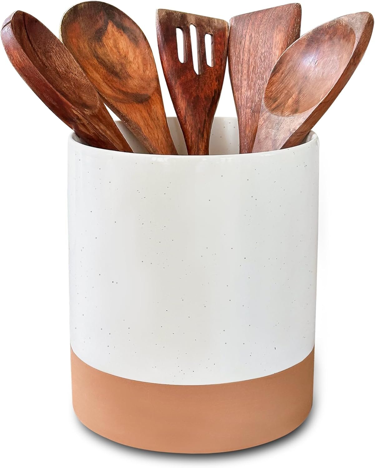 Speckled ceramic utensil crock with wooden spoons — kitchen pieces styled like home decor