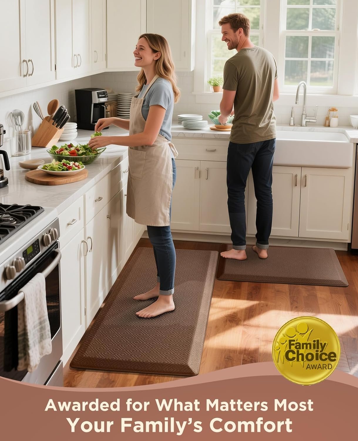 Cushioned anti-fatigue kitchen mat in a sunlit white kitchen with a couple cooking
