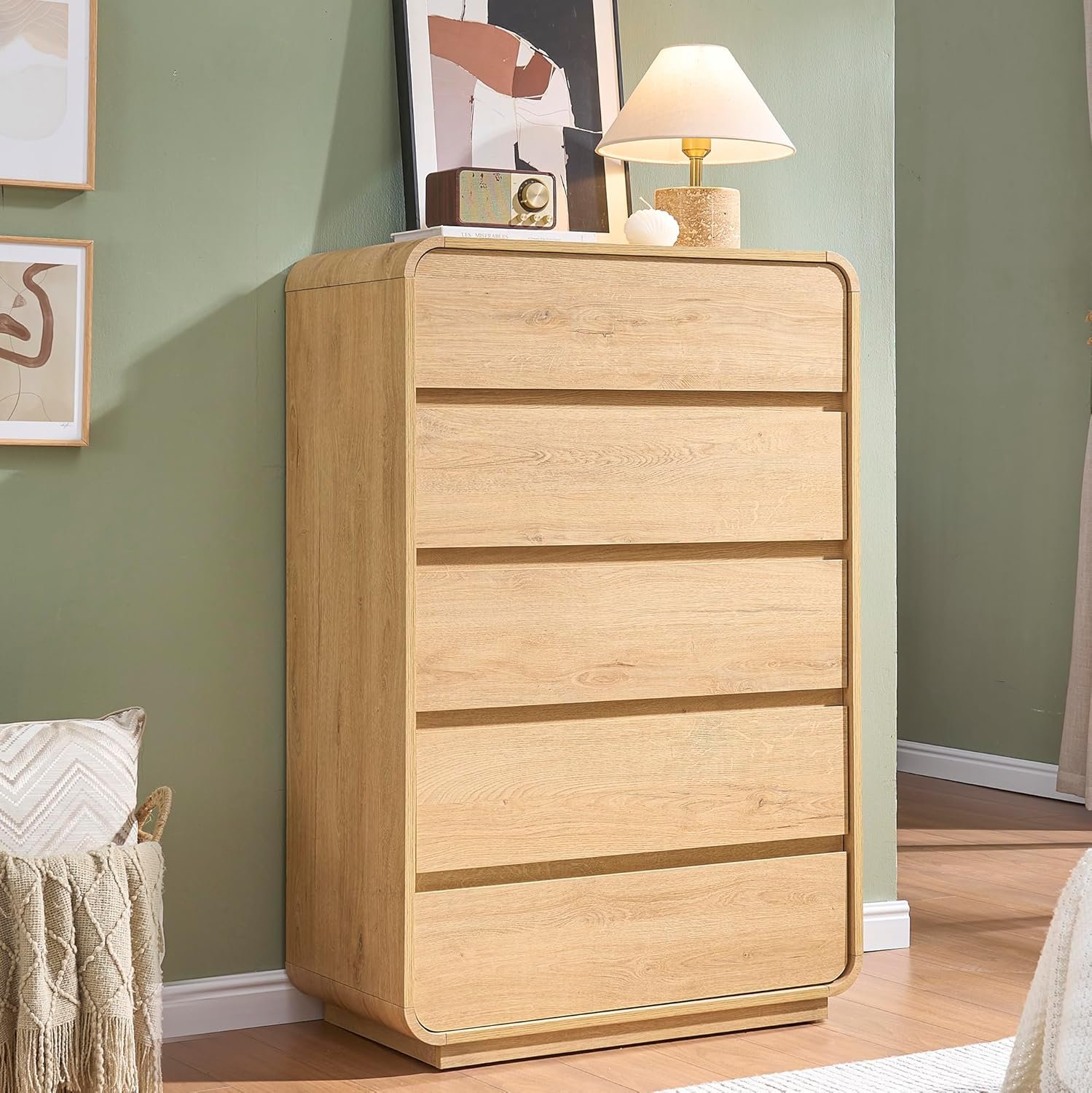 Standifurno 5-drawer curved oak dresser in a sage green bedroom
